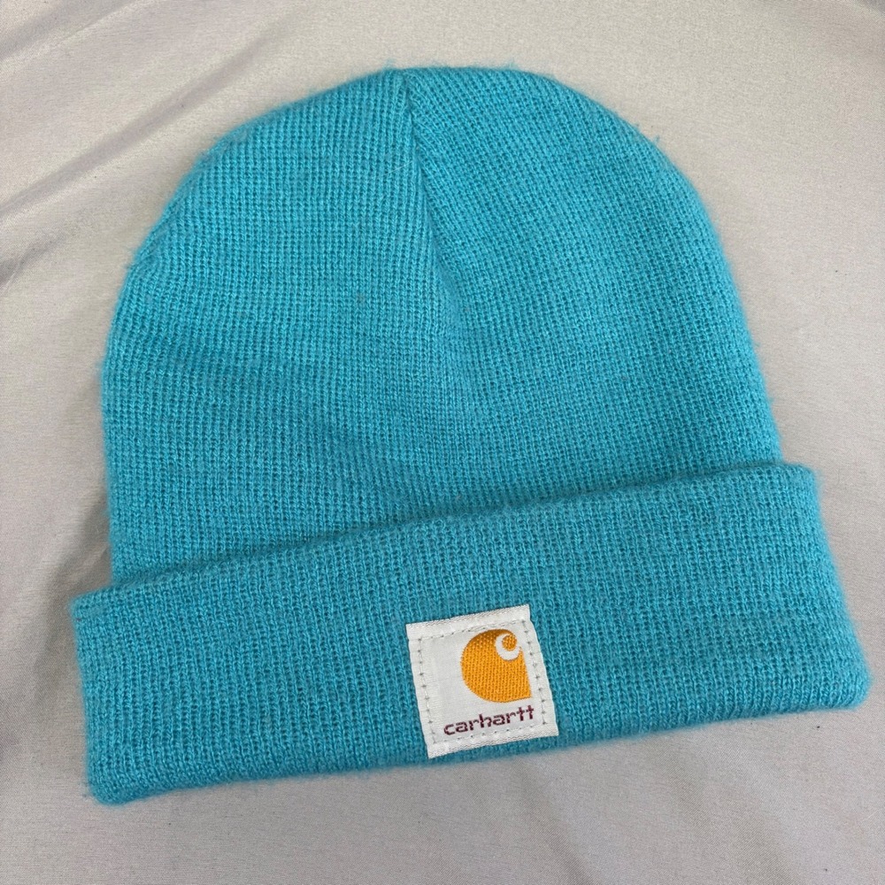 Carhartt Youth Acrylic Watch Hat Beanie Turquoise Blue Rib Knit Logo Patch OSFM
